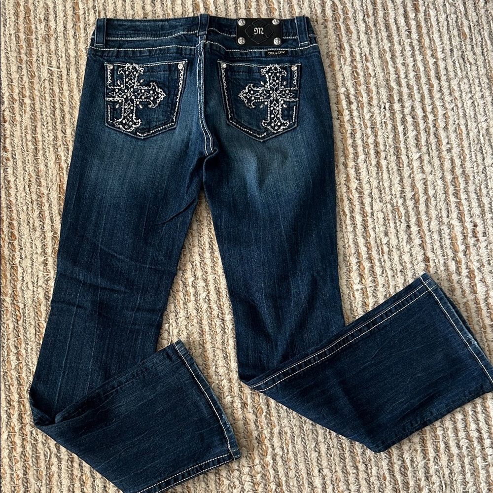 MISS ME⚜️Dark Blue Boot Cut JEANS with Silver Cross Embellishments Size 30